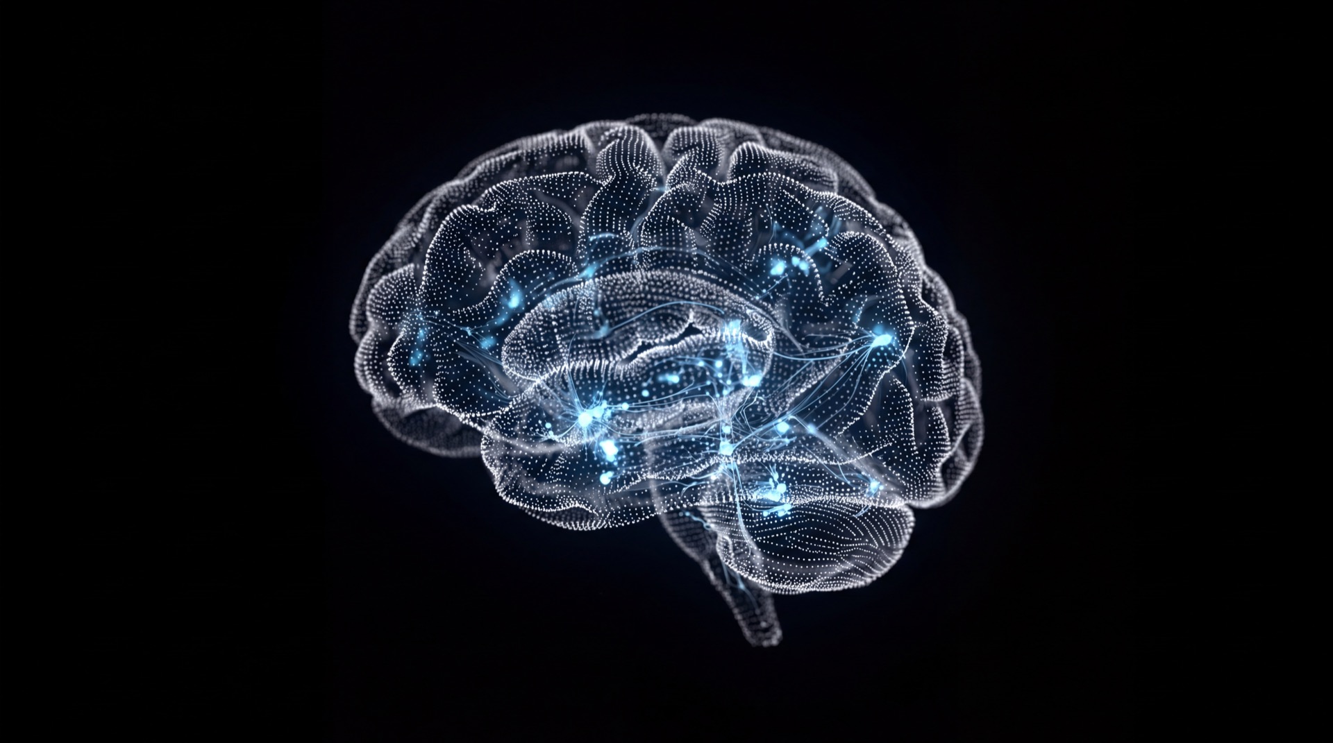 Un cervello fatto di punti di luce, con alcune connessioni che si illuminano di blu
