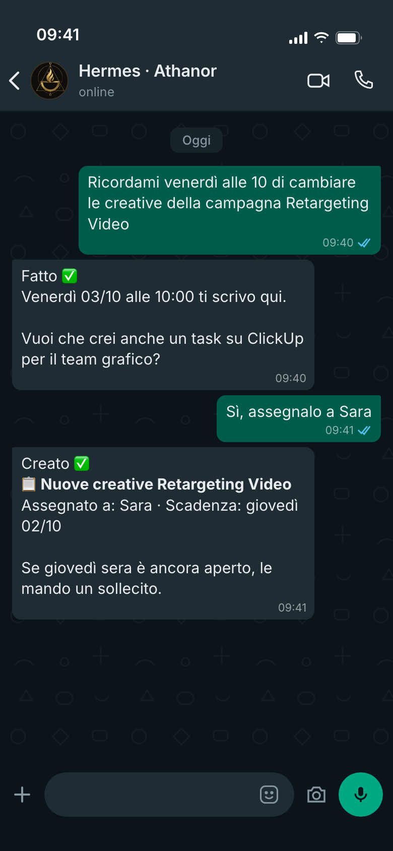 Chat WhatsApp: richiesta di promemoria e task ClickUp creato da Hermes
