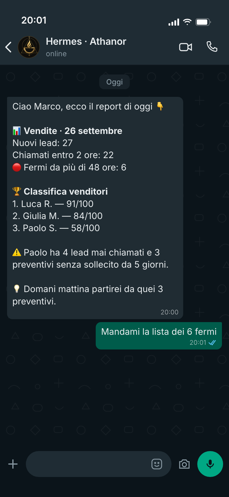 Chat WhatsApp: report serale delle vendite con classifica venditori